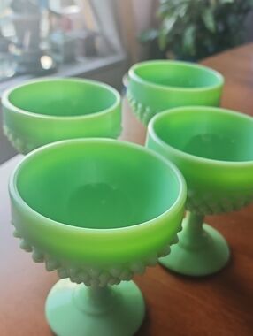 Green Hobnail Glass Compote/Dessert Set - 4 Vintage Stems, Mid-Century